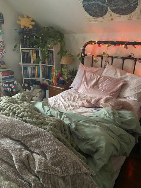 Sage Green Coquette Room, Sage Green Earthy Bedroom, Pink And Green Earthy Bedroom, Lavender And Green Bedroom Ideas, Corner Shelves Above Bed, Pink Green Brown Bedroom, Infp Bedroom, Twin Bed Aesthetic Room, Triangle Ceiling Bedroom