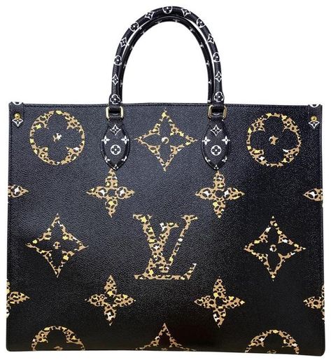 Louis Vuitton Onthego Jungle Monogram Noir Black Coated Canvas Tote - Tradesy Zebra Skin Pattern, Black Louis Vuitton, Monogram Neverfull, Versace Bags, Gold Branding, Louis Vuitton Bag Neverfull, Free Bag, Louis Vuitton Handbags, Monogram Canvas