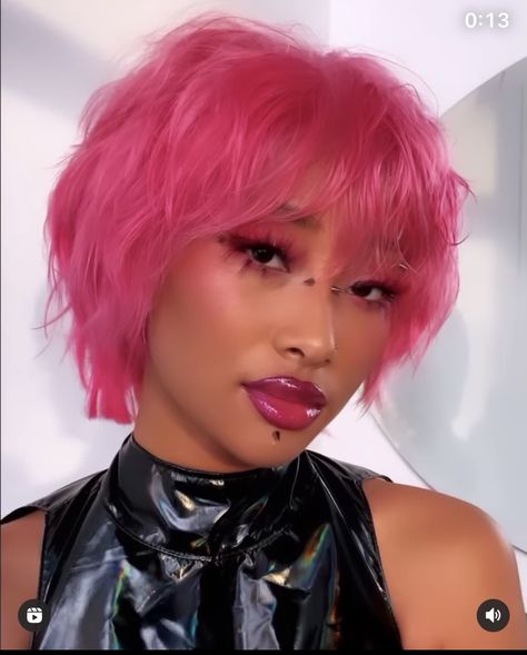 Bold Short Hair, Short Hot Pink Hair, Pink Short Hair Pixie Cuts, Black And Pink Hair Short, Pompadour Women, Short Pink Hair With Bangs, Hot Pink Short Hair, Pink Pixie Hair, Pink Hair Goth