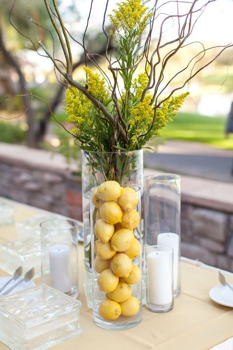 Citrus Decorations, Italian Style Dinner, Mediterranean Shower, Cocktail Hour Centerpieces, Lemon Table Decor, Lemon Vase, Lemon Themed Party, Lemon Centerpieces, Event Centerpieces