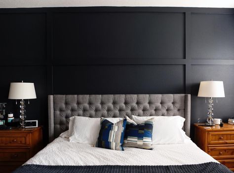 Benjamin Moore Soot Black Paint Bedroom Walls - Interiors By Color Black Paint Benjamin Moore, Black Paint Bedroom, Paint Bedroom Walls, Paint Benjamin Moore, Black Walls Bedroom, Bedroom Paint Colors Master, Paint Bedroom, Lake House Interior, Black Accent Walls