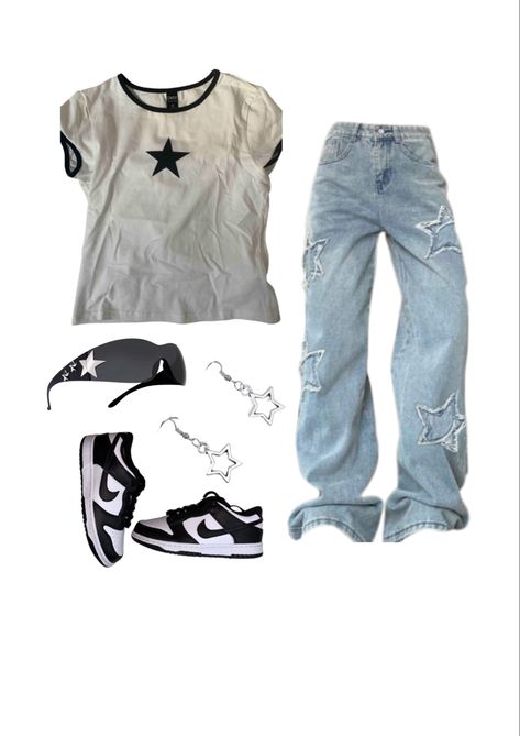 Star Jeans Outfit, Dunks Panda, Nike Dunks Outfit, Panda Outfit, Dunks Outfit, Star Tshirt, Y2k Sunglasses, Streetwear Girl, Cargo Pants Outfit