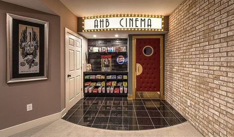 Movie Theater Basement, Room Snack Bar, Home Theater Snack Bar, Theatre Entrance, Home Theatre Room Ideas, Basement Movie Room, Theater Room Decor, Movie Theater Rooms, Home Theater Room Design