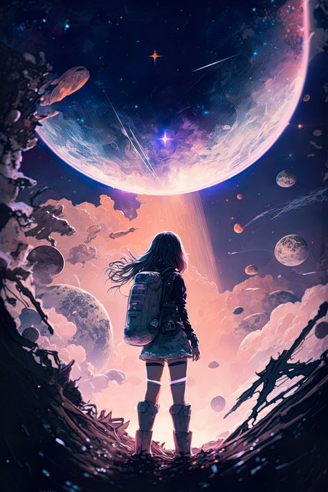 a girl with backpack, planet in background, pink, blue and pastel colors Nice Anime Wallpaper, Space Anime, Earth Girl, Digital Art Software, Grunge Pictures, Pink Wallpapers, Wallpapers Anime, Anime Galaxy, Visual Metaphor