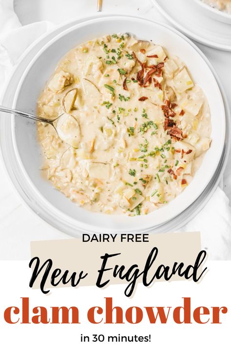 Healthy New England Clam Chowder, Clam Chowder Dairy Free, Dairy Free Chowder Recipes, Non Dairy Clam Chowder Recipe, Dairy Free Seafood Chowder, Dairy Free Clam Chowder Recipe, Dairy Free Chowder, Healthy Clam Chowder, Dairy Free Clam Chowder