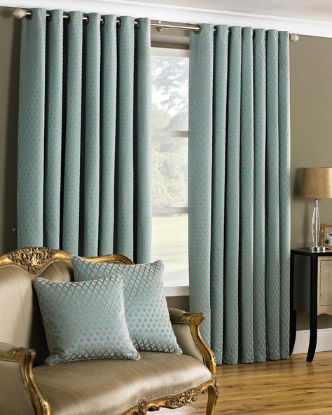 Devere Ready Made Lined Eyelet Curtains - Turquoise Curtain Styles Bedroom, Turquoise Curtains Living Room, Lounge Curtains, Sheers Curtains Living Room, Turquoise Curtains, Curtain Designs For Bedroom, Geometric Curtains, Contemporary Curtains, Plain Curtains