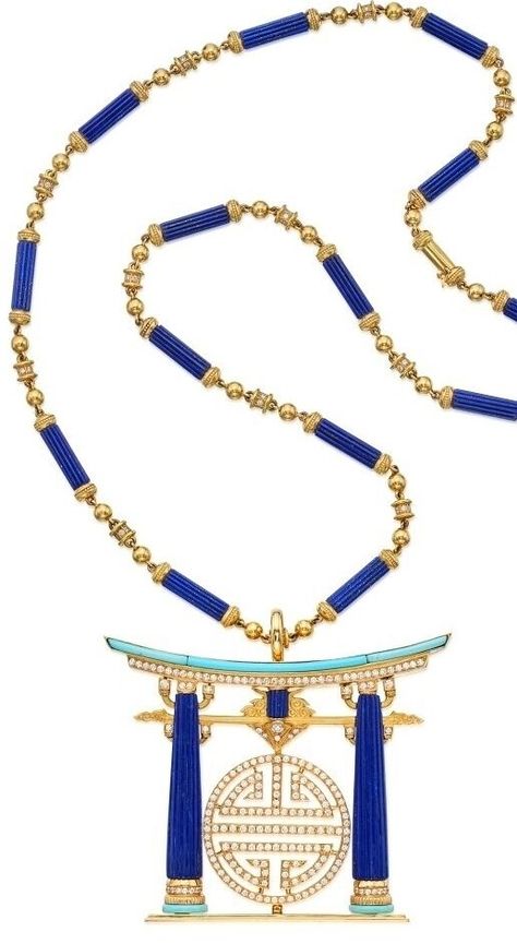 Gold, Lapis Lazuli, Turquoise and Diamond Sautoir: The pendant designed as an ancient temple, featuring the Chinese character for longevity, set with carved lapis lazuli and turquoise, accented by round diamonds on a chain composed of alternating carved lapis lazuli segments, gold boules and rondelles set with round diamonds, gross weight approximately 86 dwts, length 26 inches, pendant and clasp signed Bulgari. Architecture Jewelry, Bulgari Jewelry, Jewellery Board, Ancient Temple, Bvlgari Jewelry, Egyptian Jewelry, Jewelry Boards, Ancient Temples, Greenish Blue