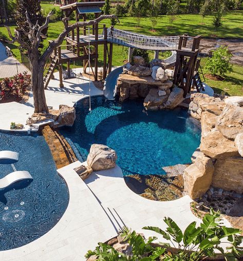 Pool With Slides Ideas, Dream Backyard Pool With Slide, Outdoor Pool With Slide, Houses With Pools In The Backyard, Pool With A Slide, Pool Grotto With Slide, Cute Pool Ideas, Pool With Grotto And Slide, Backyard Pool Slide