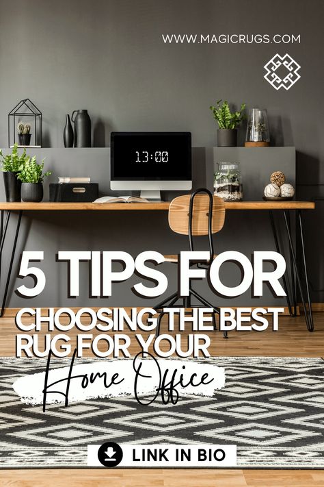 5 tips for choosing the best rug for your home office👇 Regarding style, the most popular and trendy home office decor style today is Scandinavian, as it is known for having a simple, straight, and clean look. https://magicrugs.com/blog/5-reasons-why-you-should-invest-in-bidjar-rugs Circle Rug Under Desk, Rug Under Desk Home Office, Office Rugs Ideas, Home Office Rugs, T Shaped Desk, Rug For Home Office, Trendy Home Office, Space Division, Tiny Office