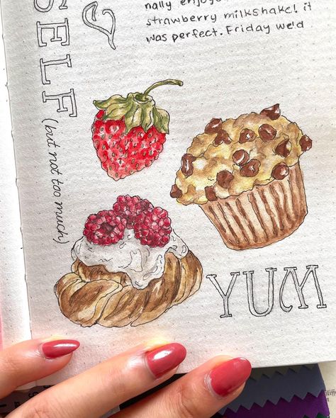 Just some illustrations…🍰🍩What’s your favorite pastry or desert?🥐🧁 I felt like drawing some tasty sweets on these pages and a strawberry because they go perfectly with pastries!🍓🥰 . . . . #bujo #bulletjournal #bujospread #journalspread #journalcommunity #journaladdict #artjournalpage #sketchbooktour #sketchbookpage #watercolorjournal #artjournal #illustratedjournal #gouachepainting #gouacheillustration #creativejournal Cute Desert Drawings, Pastries Drawing, Pastry Drawing, Pastry Illustration, Desert Drawing, Tasty Sweets, Strawberry Drawing, Journaling Aesthetic, Whimsical Art Journal