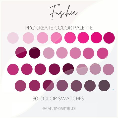 Fuschia Procreate Color Palette 30 Color Swatches Instant download This fuschia color themed procreate color palette features colors in various fuschia, plum, wine and pink tones. You can use this pallet in procreate, canva, and other applications. After purchase your file will be ready for download and you can import it into procreate to use for your illustration/drawing needs. * Fuschia Procreate Color Palette * 30 color swatches * three files included: 1 .swatches file, 1 jpg file, and 1 inst Fucsia Color Pallete, Fuschia Wedding Color Schemes, Bubblegum Pink Color Palette, Fuschia Bridesmaid Dresses Color Schemes, Fuschia Color Combinations, Dark Pink Color Palette, Raspberry Wedding Color Scheme, Fuschia Color Palette, Raspberry Wedding Color