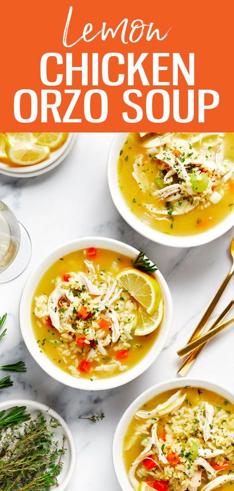 This Easy One Pot Lemon Chicken Orzo Soup is so delicious and comforting - it's also freezer-friendly and perfect for meal prepping! #soup #orzo Soup Orzo, Gluten Free Orzo, Easy Lemon Chicken, Lemon Chicken Orzo, One Pot Wonder, Orzo Soup, Chicken Orzo Soup, Chicken Orzo, Soup Easy