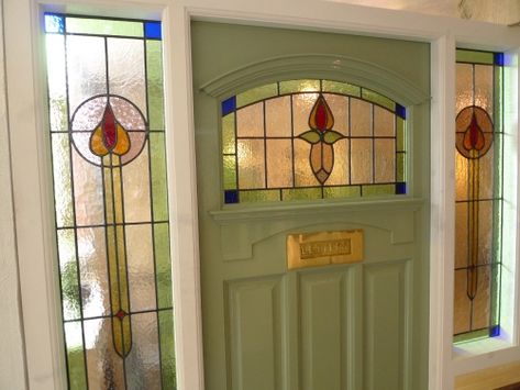 1930's Stained Glass Front Door Complete With Frame - Stained Glass Doors Company Stained Glass Front Door, 1930s Doors, Stained Glass Doors, Front Door Canopy, Front Door Inspiration, Yellow Front Doors, Garage Door Types, Stained Glass Door, Porch Doors