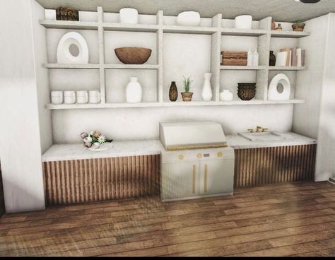 Boho Modern Bloxburg House, Roblox Bloxburg Decoration Ideas, Bloxburg House Interior Ideas Kitchen, Bloxburg Modern Farmhouse Bedroom Ideas, Beige Bloxburg House, Cute Kitchen Ideas Bloxburg, Shelf Ideas Bloxburg, Bloxburg Small Laundry Room, Bloxburg Kicken Ideas