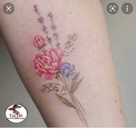 Peony And Lily Of The Valley Tattoo, Lily Of The Valley Tattoo Watercolor, Carnation And Lily Of The Valley Tattoo, Lily Of The Valley Tattoo Color, Watercolor Birth Flowers, Lily Of The Valley Tattoos, Tattoo Lily, Name Flower Tattoo, Lily Of The Valley Tattoo