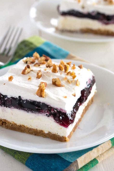 Blueberry Delight Blueberry Layered Dessert, Blueberry Lush Dessert, Blueberry Lush, Blueberry Fluff, Lush Dessert, Lush Recipes, Blueberry Delight, Pecan Crust, Layered Dessert