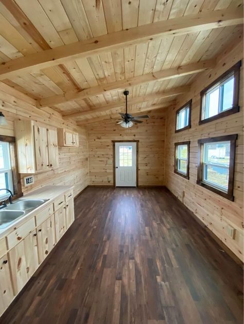 12 x 28 Portable Log Cabin in Arkansas! Tiny Home Log Cabin, Log Cabin Modular Homes, Log Interior, Small Rustic Cabin, Cabin Remodel, Log Cabins For Sale, Vinyl Wood Flooring, Barn Apartment, House Ceiling