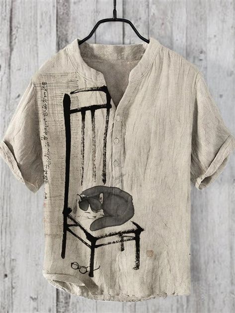 Digital Heat Transfer Animal Scene Button-Up Shirt with Stand Collar and Short Sleeves Cat Black And White, Vintage Floral Top, Pattern Cat, Linen Shirt Men, Cat Black, Black And White Painting, Painting Vintage, Short Shirts, Electronic Devices