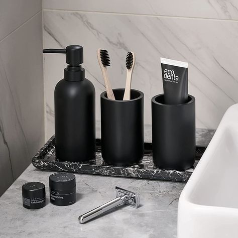 Mens Bathroom Ideas, Matte Black Bathroom Fixtures, Black Bathroom Fixtures, Men Bathroom, Black Bathroom Accessories Set, Matte Black Bathroom Accessories, Bathroom Counter Decor Ideas, Masculine Bathroom, Mens Bathroom