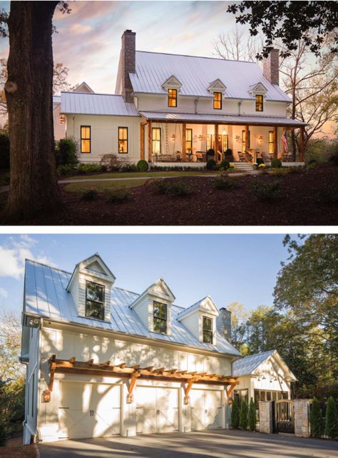 Stunning modern farmhouse with traditional white siding and standing-seam metal roof by Steve Powell Homes, Alpharetta, GA. #farmhousestyle Metal Roofs Farmhouse, White Farmhouse Exterior, Metal Roof Houses, Galvanized Roofing, Metal Roof Colors, White Siding, Metal Roofs, Standing Seam Metal Roof, Farmhouse Paint Colors