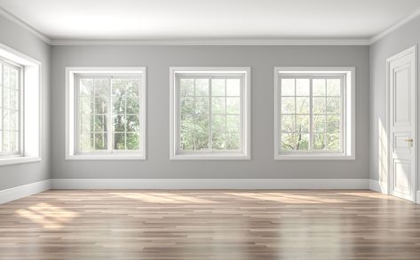 Brighten every room in your house with big windows! Window Trim Styles, Empty Rooms Interior, White Molding, Light Grey Walls, White Windows, Empty Room, Floor Colors, Grey Walls, Wooden Flooring