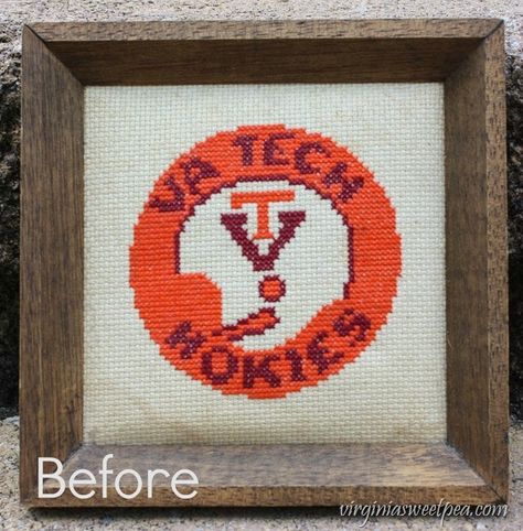 Vintage Virginia Tech Hokies Cross Stitch Before Cleaning - virginiasweetpea.com Football Cross Stitch, Hokies Football, Football Cross, Virginia Tech Hokies, Football Decorations, Vintage Cross Stitches, Virginia Tech, Thrift Shop, A Cross