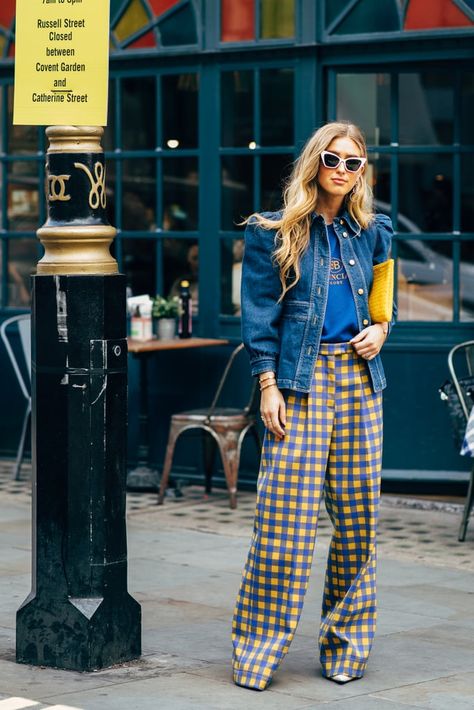 Day 2 Plaid Pants, Denim Jacket, Street Style, Plaid, Yellow, Pants, Trousers