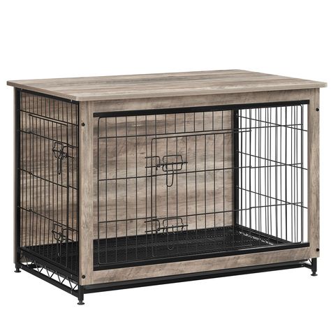 When Should You Use a Dog Crate? If your dog needs a retreat of its own to rest and relax. If your dog tends to destroy your home when you're away. If your dog is afraid of strangers and needs a place to feel safe. Why Choose this Furniture-Style Dog Crate? Easily blends in your home: With a rustic finish, it elevates your space. Works for you, too: With a spacious top, it doubles as an end table or bedside table. Customizable to fit your space: The side door can be installed either on the left Diy Dog Crate End Table Plans, Space Saving Dog Crate, Xl Dog Crate Furniture Diy, Dog Crate Closet, Bedroom Dog Crate, Diy Furniture Dog Crate, Dog Corner Ideas, Dog Crate Ideas, Pet Crate Furniture