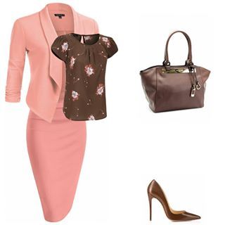 #PeachandBrown http://dezignercollections.com/2017/01/peach-and-brown/ Pink Wardrobe, Peplum Blazer, Corporate Wear, Colour Combo, Open Front Blazer, Printed Pencil Skirt, Church Outfits, Stiletto Pumps, Outfit Combinations