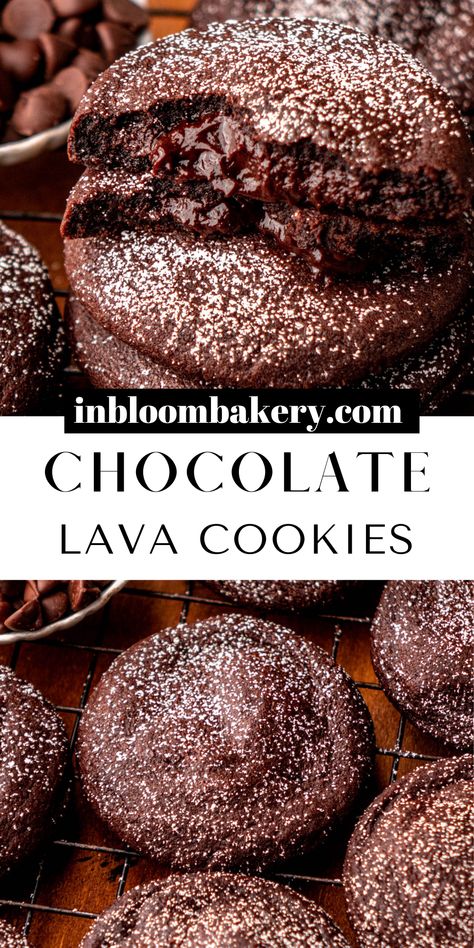 These delicious chocolate lava cookies are chewy chocolate cookies, stuffed with molten chocolate ganache filling and sprinkled with powdered sugar. They're the perfect treat to make for the chocolate lover in your life! Lava Cookies Recipe, Decadent Desserts Chocolate, Desserts For Chocolate Lovers, Molten Lava Cupcakes, Molten Lava Cake Cookies, Fudge Chocolate Cookies, Chocolate Lava Cookies Recipes, Chocolate Lava Brownie Cookies, Dark Chocolate Cookies Recipes