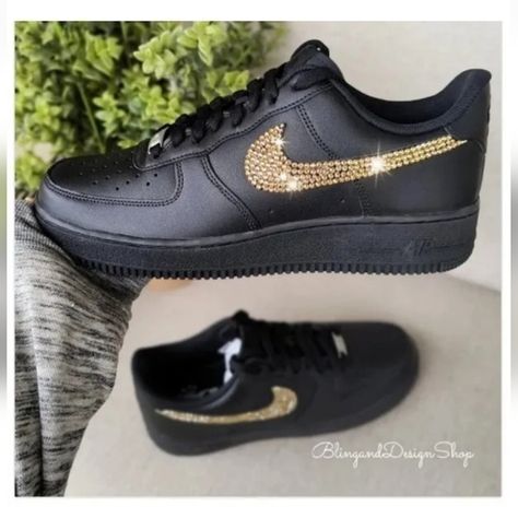 Bling Womens Nike Air Force 1 Black Sneakers Shoes with Gold Crystals Womens Nike Air Force 1, Nike Air Force 1 Black, Swarovski Nike, Nike Air Force 1s, Golden Shadow, Nike Waffle, 95 Nike, Bling Shoes, Nike Air Force 1 07