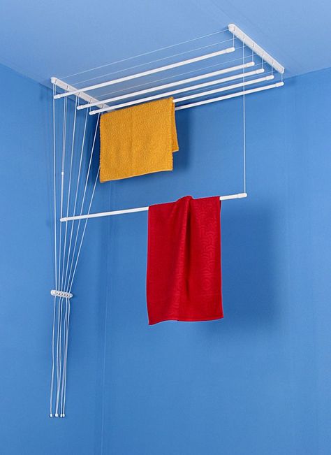 Washing Line Ideas, Cloth Drying Hanger, Indoor Clothes Lines, Cloth Drying Stand, Line Ideas, Bathroom Towel Hanger, Clothes Dryer Rack, Ceiling Hangers, Wall Mounted Drying Rack