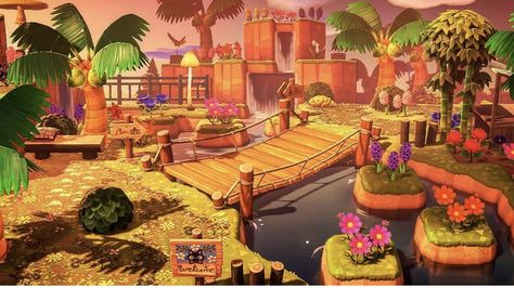 Tropicalcore Animal Crossing, Acnh Tropical Island Ideas Entrance, Tropicore Acnh, Jungle Acnh, Tropical Entrance, Acnh 2023, Acnh Tropicore, Acnh Tropical, Island Makeover