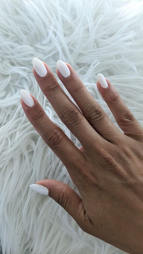 Plain White Gel Nails, White Nails Gel Extensions, White Gel X Nails Almond, White Rounded Acrylic Nails, Almond Homecoming Nails, White Glow Nails, Solid White Almond Nails, Plain White Almond Acrylic Nails, Oval Shellac Nails