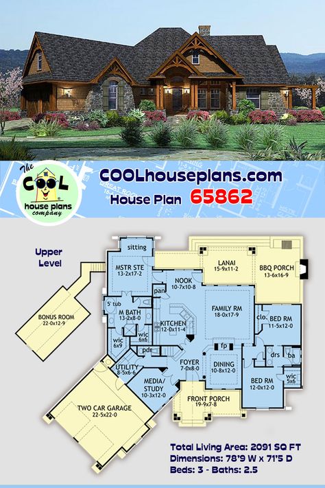 This Tuscan home plan, with 2,091-square-feet, is one of our most popular home plans. On the inside, a study is situated so you can see arriving clients and welcome them immediately. The kids will appreciate the Jack-and-Jill bath, not found in most house plans. And don’t overlook the stunning master suite! Friends will gravitate toward your home in the summer, to enjoy the lanai and barbecue porch. Floor plans are available for an optional basement, which incorporates a spacious guest suite. Spacious House Plans, Tuscan Home Plans, Tuscan Style House, Modern Log Home, Cool House Plans, Cottage Craftsman, Tuscan House Plans, Tuscan Home, Log Cabin Living