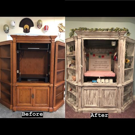 Repurposed Entertainment Center, Corner Entertainment Center, Furniture Refurbishing, Old Entertainment Centers, Entertainment Center Redo, Entertainment Center Repurpose, Changing Station, What To Make, Repurposed Furniture