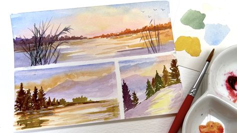 Diane Antone, Paint A Sunset, Watercolor Landscape Tutorial, Paintings Tutorials, Unique Postcards, Watercolour Landscape, Watercolor Water, Watercolor Tutorials, Loose Watercolor