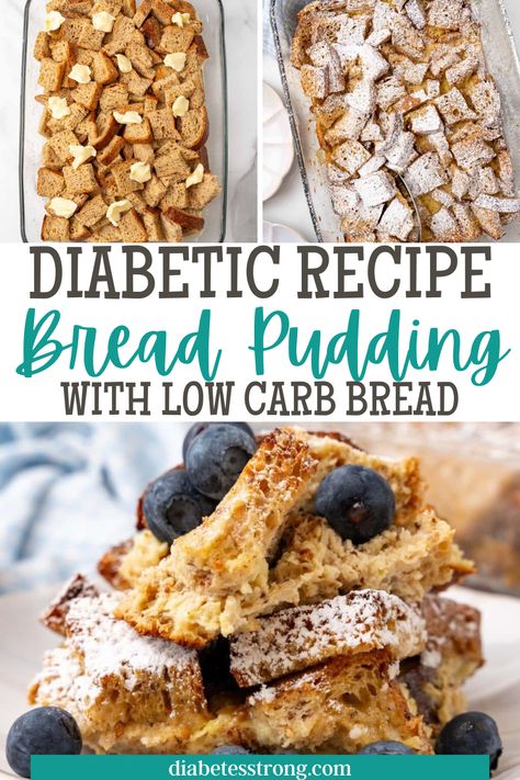 Bread Pudding with Low Carb Bread - is a delicious diabetic friendly dessert. This is a bread pudding that uses low-carb bread as the base to reduce the carbs. A creamy custard, sweet filing, that is sinfully delicious. Hurry over and try this bread pudding recipe. Sugar Free Bread Pudding, Low Calorie Dessert Bread, Best Bread For Diabetics To Eat, Keto Bread Pudding Low Carb, Paleo Bread Pudding, Sugar Bread, Chocolate Bread Pudding, Healthy Bread Recipes, Chocolate Bread