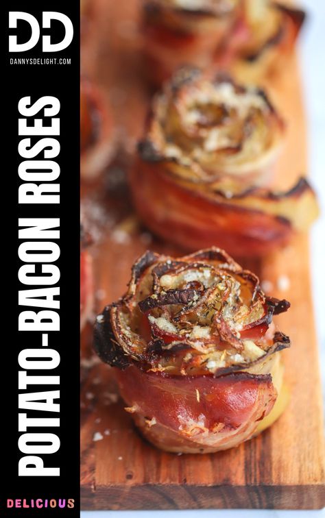 Bacon and Potato Roses are an impressive and tasty dish. Bacon and potatoes combine for a savory flavor and texture. Thinly-sliced potatoes are rolled with bacon, creating a beautiful 'rose' shape. The bacon adds a smoky flavor and crunch, while the potatoes become soft and tender. Potato Rolls With Bacon, Potato Roses, Bacon And Potatoes, Bacon Roses, Potato Bacon, Potato Rolls, Potato Roll, Muffin Tray, Sliced Potatoes