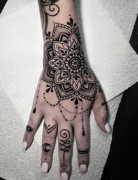 Back Of The Hand Tattoo, Hand Tattoos For Women Mandala, Mandala Tattoo Design Women Hand, Mandala Tattoo Design Forearm, Hand Tattoos Mandala, Mandala Finger Tattoo, Womens Hand Tattoos Ideas, Mandala Tattoo On Hand, Mandala Hand Tattoo For Women