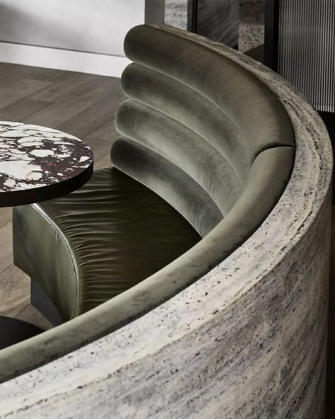 Instyle | Textiles, Leathers + Wall Finishes on Instagram: "Carefully considered sculptural details. Laurent Kew by @designbygolden boasts the most elegant palette, with Studio leather featured on custom curved banquettes.  ​ ​Photography: @sharyncairns ​Fitout: @elite_shopfitting_australia" Curved Banquette Seating, Restaurant Banquette, Curved Banquette, Adam Hunter, Leather Banquette, Melbourne Architecture, Architecture Restaurant, Cafe Concept, Joinery Details