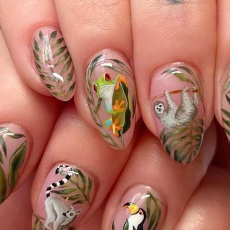 Scratch on Instagram: "Here's a design that blew us away this week: @jmoneynails paints a rainforest and its inhabitants across nails 🌿🐸🦥 Which animal is your favourite? 😍 #nails #nailart #nailtech #nailartist #nailpro #handpaintednails #handpaintednailart #rainforestnails #frognails #slothnails #lemurnails #toucannails #nailsoftheday" Sloth Nails, Animal Nail Designs, Christmas Sloth, Animal Nail Art, G Nails, Animal Nails, Painted Nail Art, Nails Only, Nails For Kids