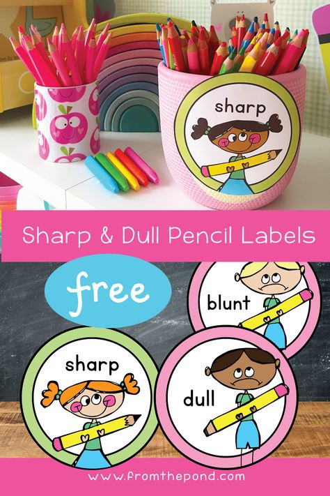 Picture of pencil tin with sharp label. Sharp Pencils Dull Pencils, Sharp And Dull Pencil Labels Free, Pencil Labels, Free Kindergarten Printables, Beginning Of Kindergarten, Language Classroom, Classroom Banner, Dual Language Classroom, Sharp Pencils