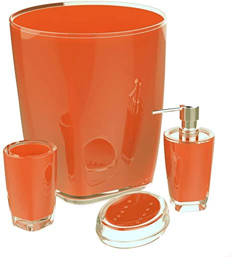 Amazon.com: QG Modern Acrylic Plastic Bathroom Accessories Set, 4 Piece, Lotion Dispenser, Soap Dish, Tumbler, Trash Can - Red Orange: Home & Kitchen Trash Can Bathroom, Bathroom Accessories Set, Floor Bathroom, Bathroom Accessory Sets, Bathroom Accessory Set, Lotion Dispenser, Acrylic Plastic, Accessories Set, Soap Dish