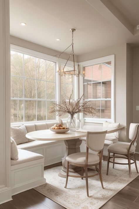 Corner Eat In Kitchen, Kitchen Window Sitting Area, Bay Window Dining Area Breakfast Nook, Dining Table By Window, Kitchen Bay Window Seating, Bay Window Dining Area, Cream Interior Design, Kitchen Table Area, Bay Window Seating Kitchen