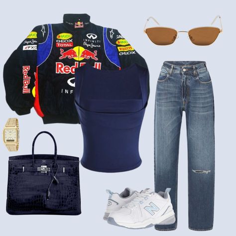 incase you were planning on getting a Formula1 redbull jacket, this is how to wear it F1 Paddock Outfit Ideas, Redbull Costume, Redbull Jacket Outfit, F1 Wag Outfit Ideas, Redbull Outfits, Formula 1 Race Outfit Women, Formula One Outfit Women, F1 Race Outfit For Women, Formula 1 Outfit Women