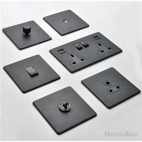 m.marcus, Vintage Range (Screwless), Vintage Matt Black XBK Black Outlet Covers, Power Outlet Design, Black Light Switch, Black Bathroom Light, Monochrome Bathroom, Vintage Range, Black Outlet, Light Switches And Sockets, Switches And Sockets