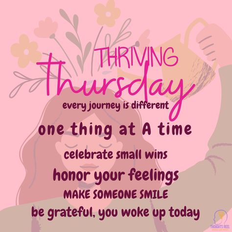 THRIVING THURSDAY🌸 Focus on personal growth, productivity, and well-being. Strive to thrive in various aspects of life such as work, relationships, health, and personal development. Set goals, take positive actions, and nourish oneself physically, mentally, and emotionally. #ThrivingThursday #stayfocused #mentalnourishmemt #begrateful #Success #Mindfulness #Motivation #Inspiration #Progress #Empowerment #Positivity #Balance Thriving Thursday, Positive Actions, Aspects Of Life, Work Relationships, Set Goals, Stay Focused, Setting Goals, Motivation Inspiration, Well Being