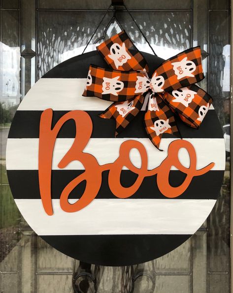 Striped Door, Boo Door Hanger, Boo Door, Ghost Decor, Halloween Door Hanger, Door Hangers Diy, Door Signs Diy, Halloween Door Hangers, Wooden Door Signs