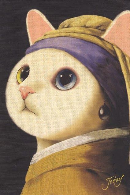 Cat with a Pearl Earring. LOL, Hilarious, the original "Girl With A Pearl Earing" is one of favorites. TG Istoria Artei, Söt Katt, 강아지 그림, Art Parody, Cat Eyes, Cats Illustration, Pearl Earring, Arte Animal, Art And Illustration